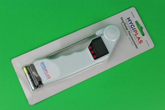 Digitales Stechthermometer mit anklappbarer Nadel von Hygieplas Messbereich: -50/+300°C Einstechtiefe: 115 mm Farbe: weiß