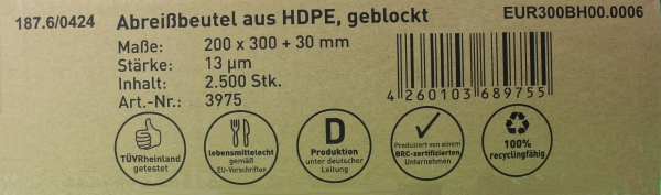 Abreißbeutel Flachbeutel HDPE geblockt 200x300,  2500 Stück